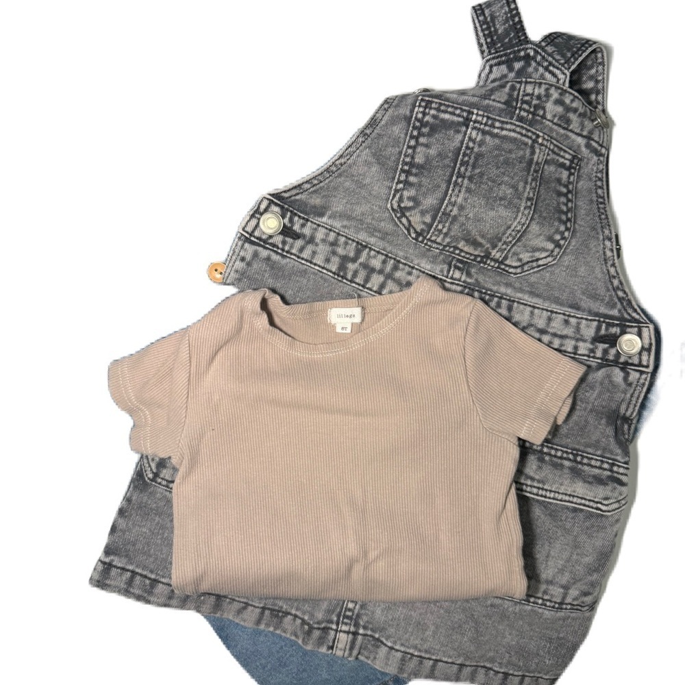 H&M Gray & Blue Denim Overalls with Tan Tee 3 pieces